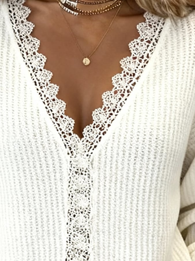 Winter Strickpullover Off-White mit Spitze V-Ausschnitt Damen