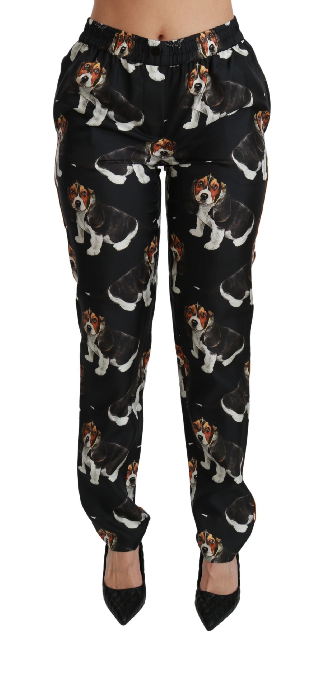Dolce & Gabbana Schwarzer Welpenhund Mittlere Taille Skinny Seidenhosen