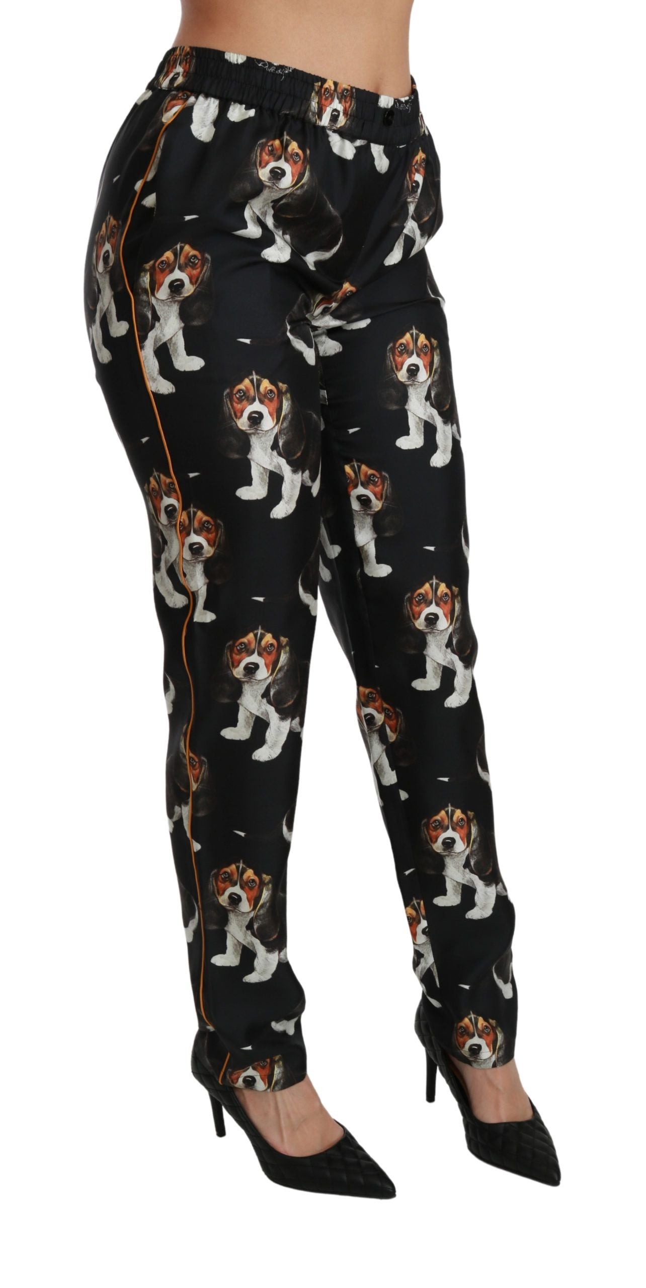 Dolce & Gabbana Schwarzer Welpenhund Mittlere Taille Skinny Seidenhosen
