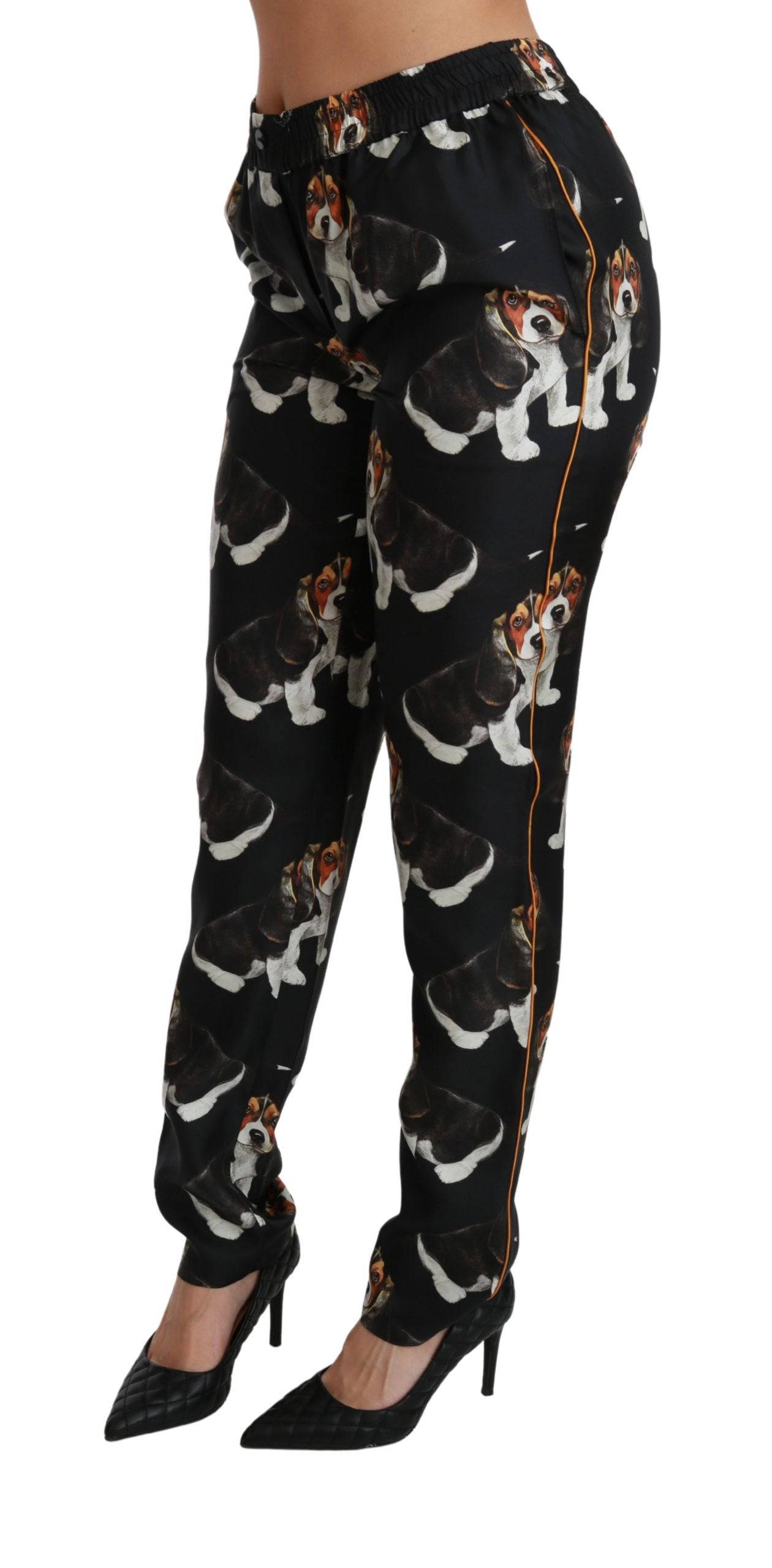 Dolce & Gabbana Schwarzer Welpenhund Mittlere Taille Skinny Seidenhosen