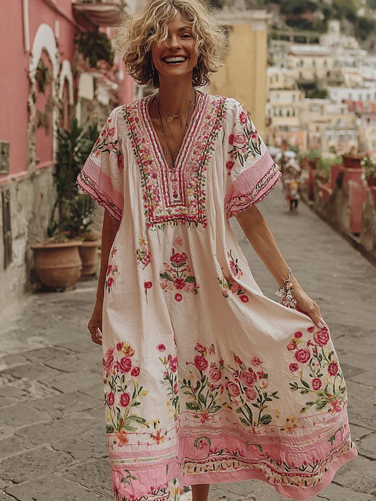 Herbstshaftes Midi-Kleid mit Kurzarm in Rosa - Perfekt für warme Tage