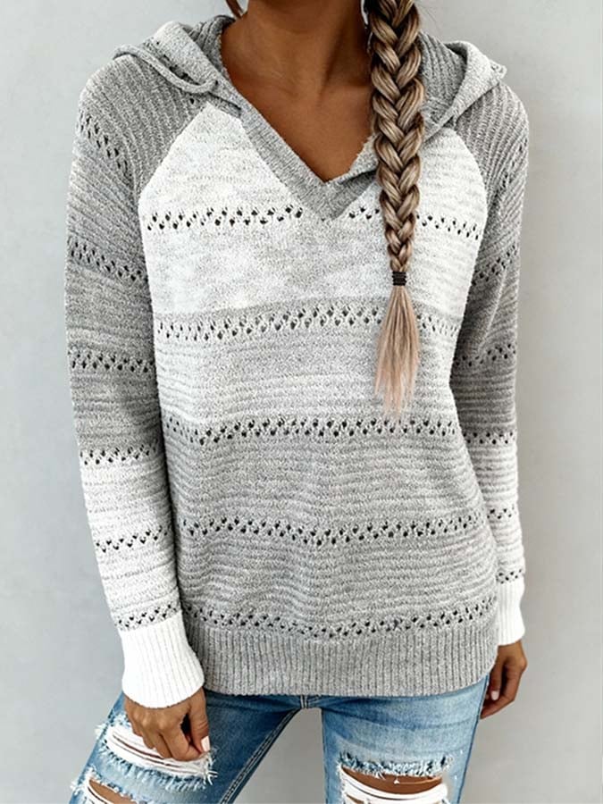 Kuscheliger Winter Hooded Strickpullover grau weiß Damen