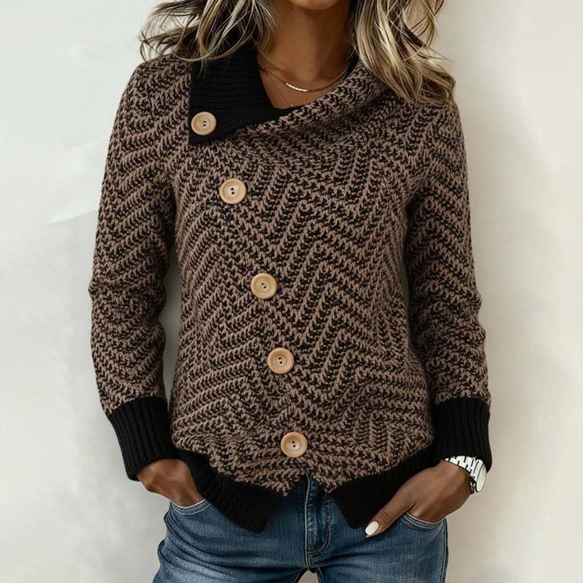 Winter-Ready Retro Color Block Strickcardigan mit Holzknöpfen