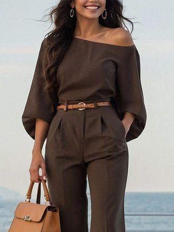 Eleganter Side Pocket Coffee Plain Jumpsuit - Stil & Komfort für den Herbst