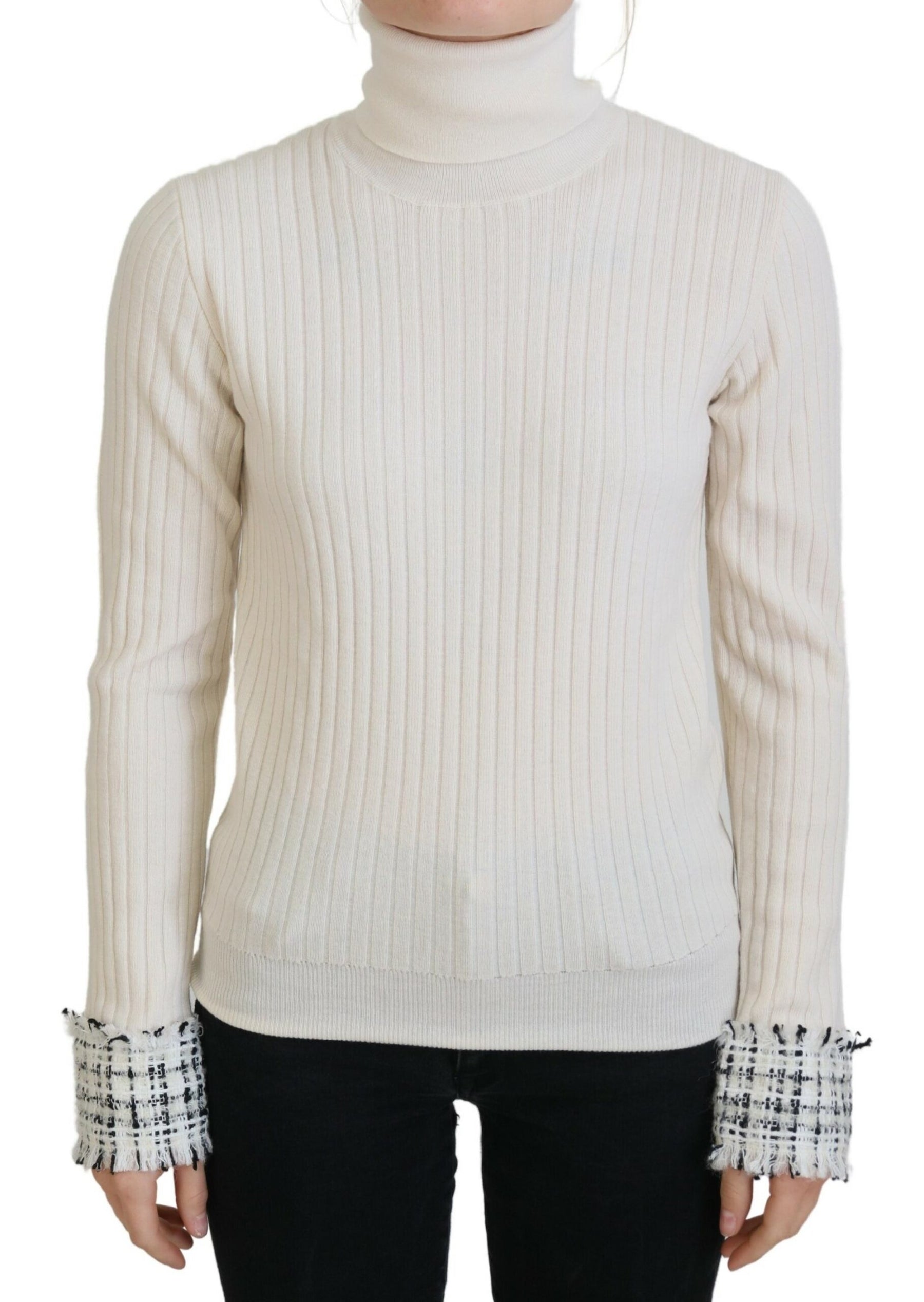 Dolce & Gabbana Elfenbeinfarbener Rollkragenpullover mit ausgefranster Manschette