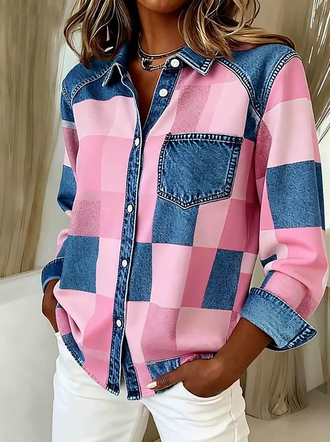 Winter Damen Karobluse rosa-blau mit Denimkragen casual