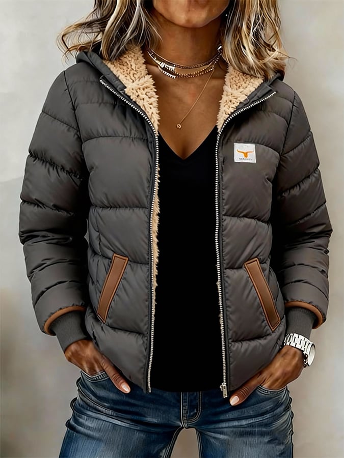 Damen Winter Steppjacke mit Teddyfutter Kapuze Grau Casual