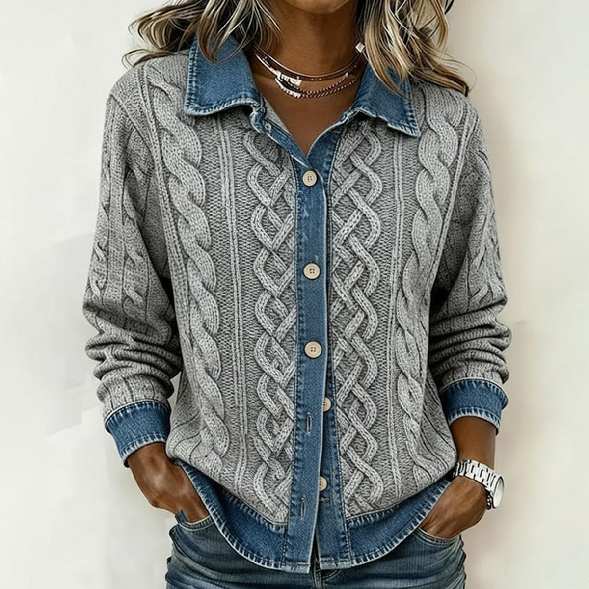 Winter-Essential: Grauer Strick-Cardigan mit Denim-Kragen und Knopfleiste
