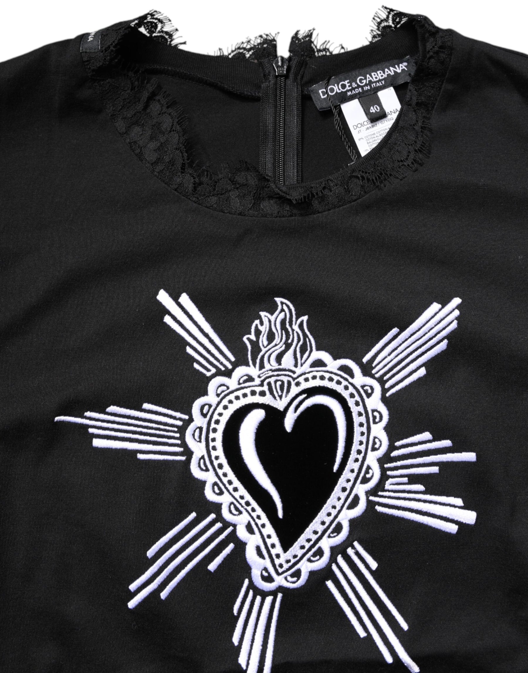 Dolce & Gabbana Schwarzes Top mit Rundhalsausschnitt aus transparenter Spitze Sacred Heart