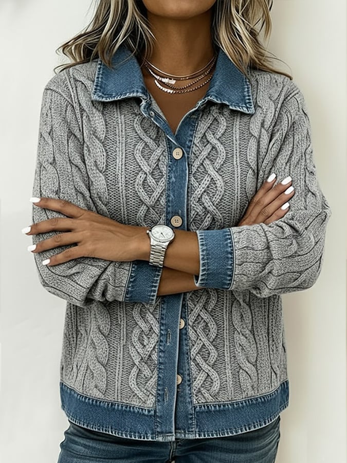 Winter-Essential: Grauer Strick-Cardigan mit Denim-Kragen und Knopfleiste