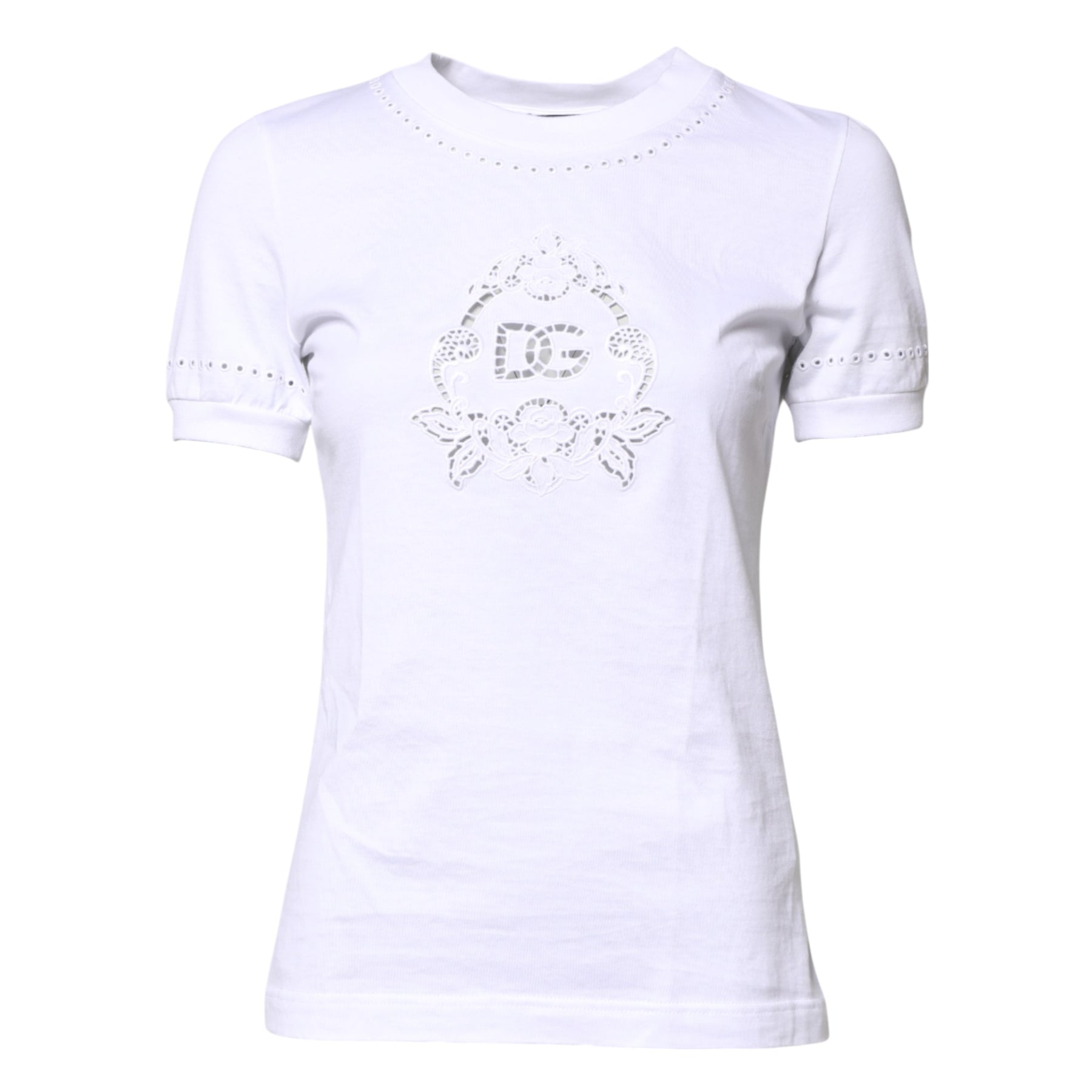 Dolce & Gabbana Weißes T-Shirt mit geblümtem Logo und Rundhalsausschnitt aus Baumwolle