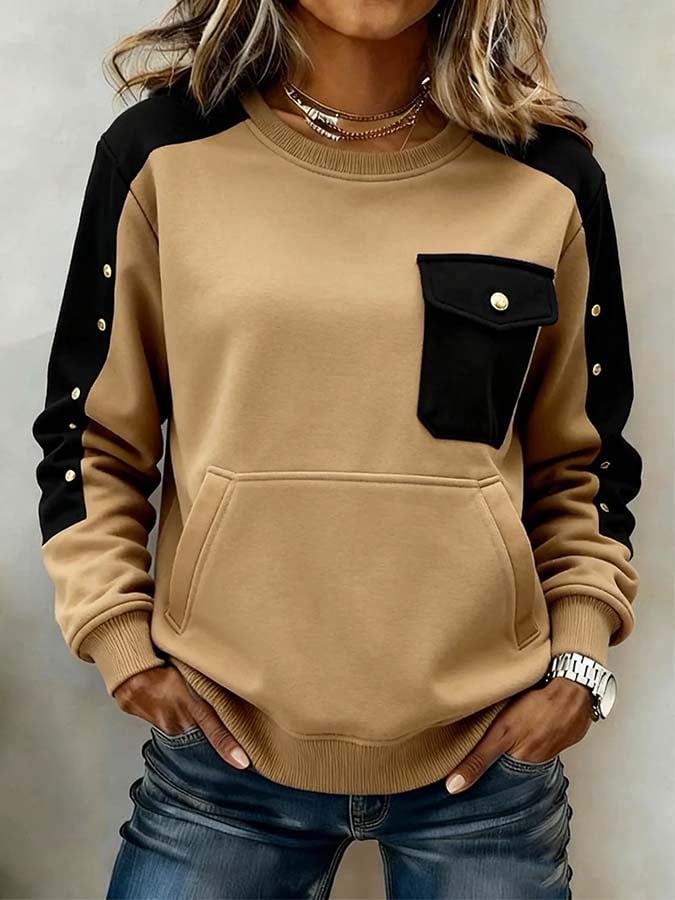 Damen Winter Colorblock Pullover warm & kuschelig camel-schwarz