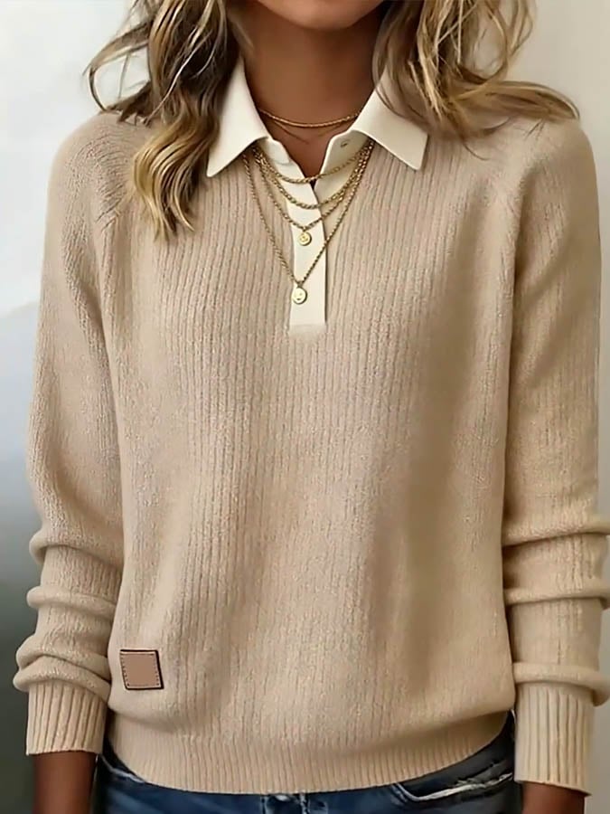 Beiger Damen Winter Strickpullover mit Kragen, kuschelig warm