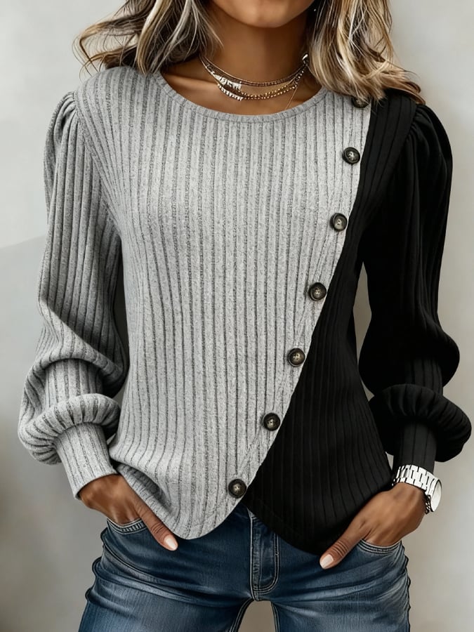 Damen Winter Strickpullover Patchwork Grau Schwarz Kuschelig