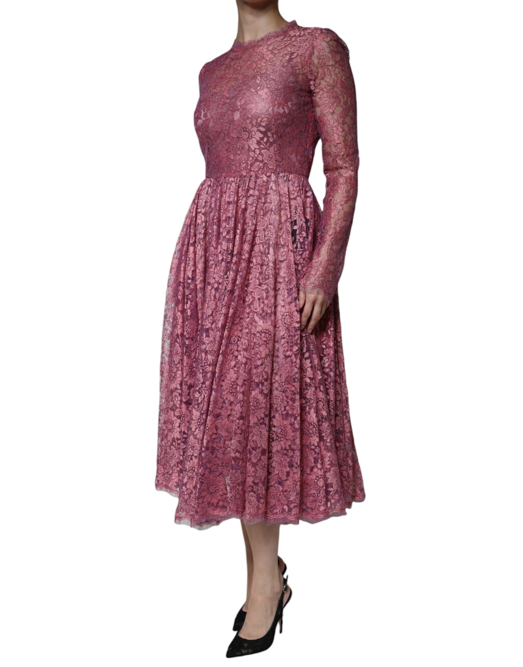 Dolce & Gabbana Rosa geblümtes langärmeliges Midikleid aus Spitze