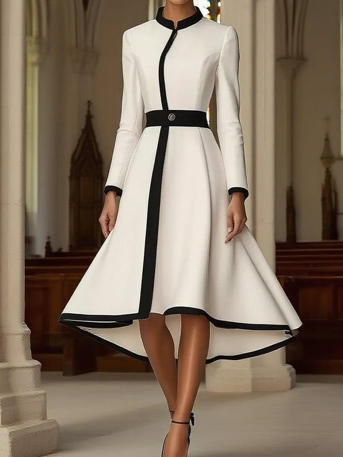 Herbstshaftes Color Block Midi-Kleid mit Langarm - Modern, Elegant & Komfortabel