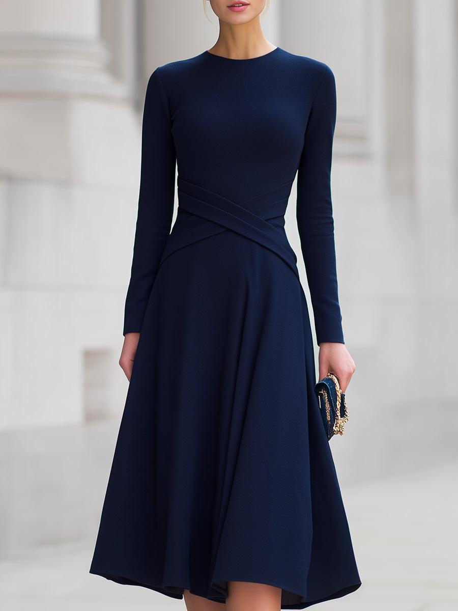 Elegantes Navy Midi-Kleid mit Langarm - Perfekter Herbstsbegleiter für jeden Anlass