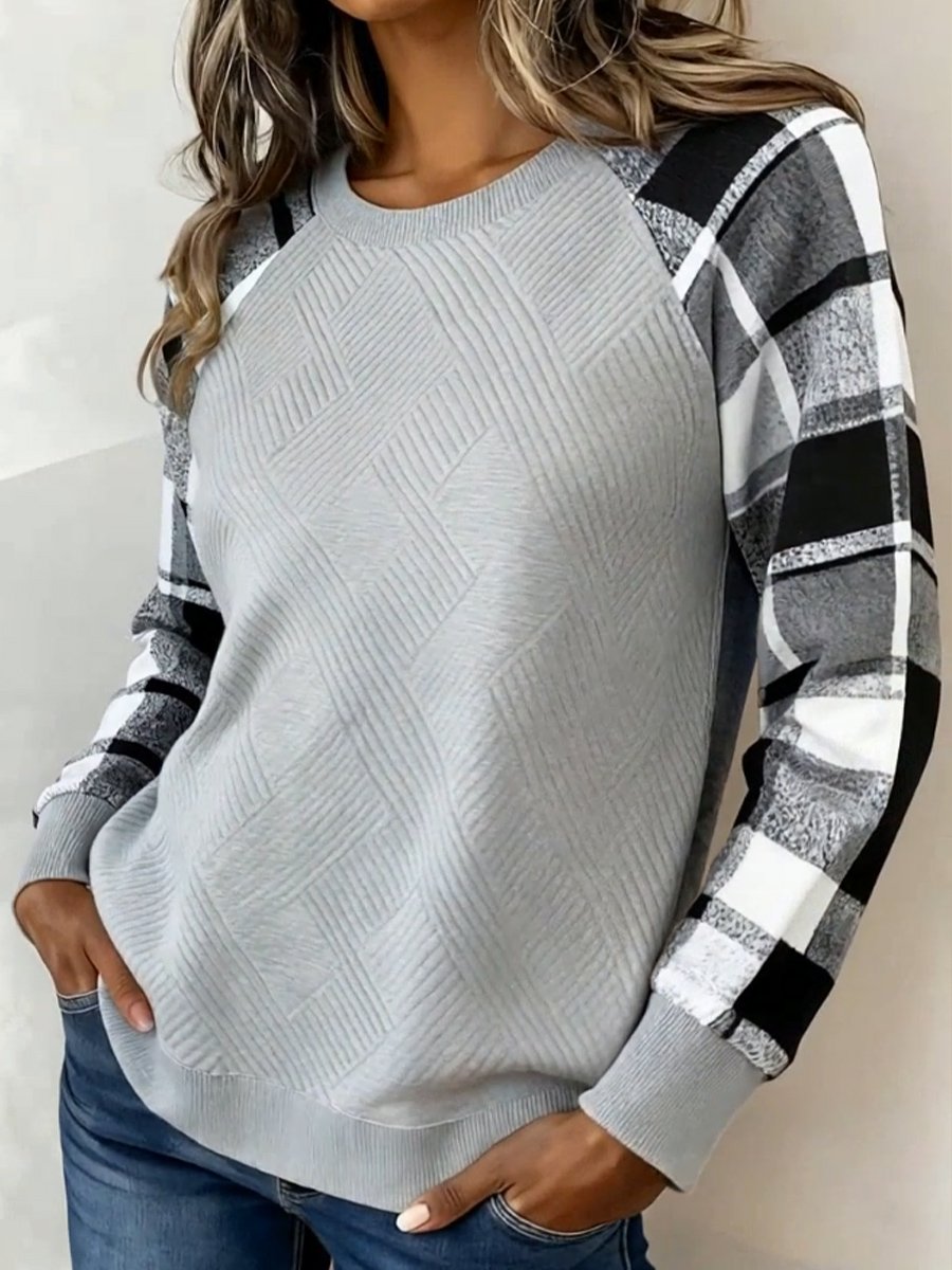 Winter Damen Sweatshirt grau kariert – warm & casual loose