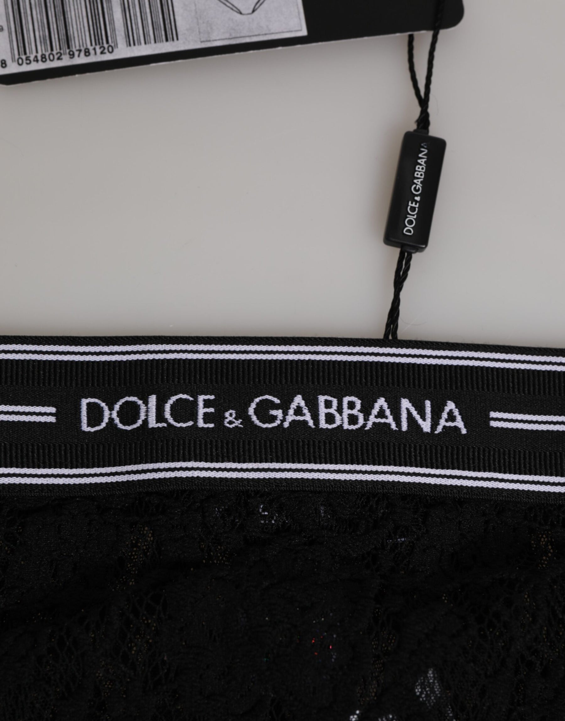 Dolce & Gabbana Schwarzer Spitzen-Slip-Slip mit Logo-Bund Unterwäsche