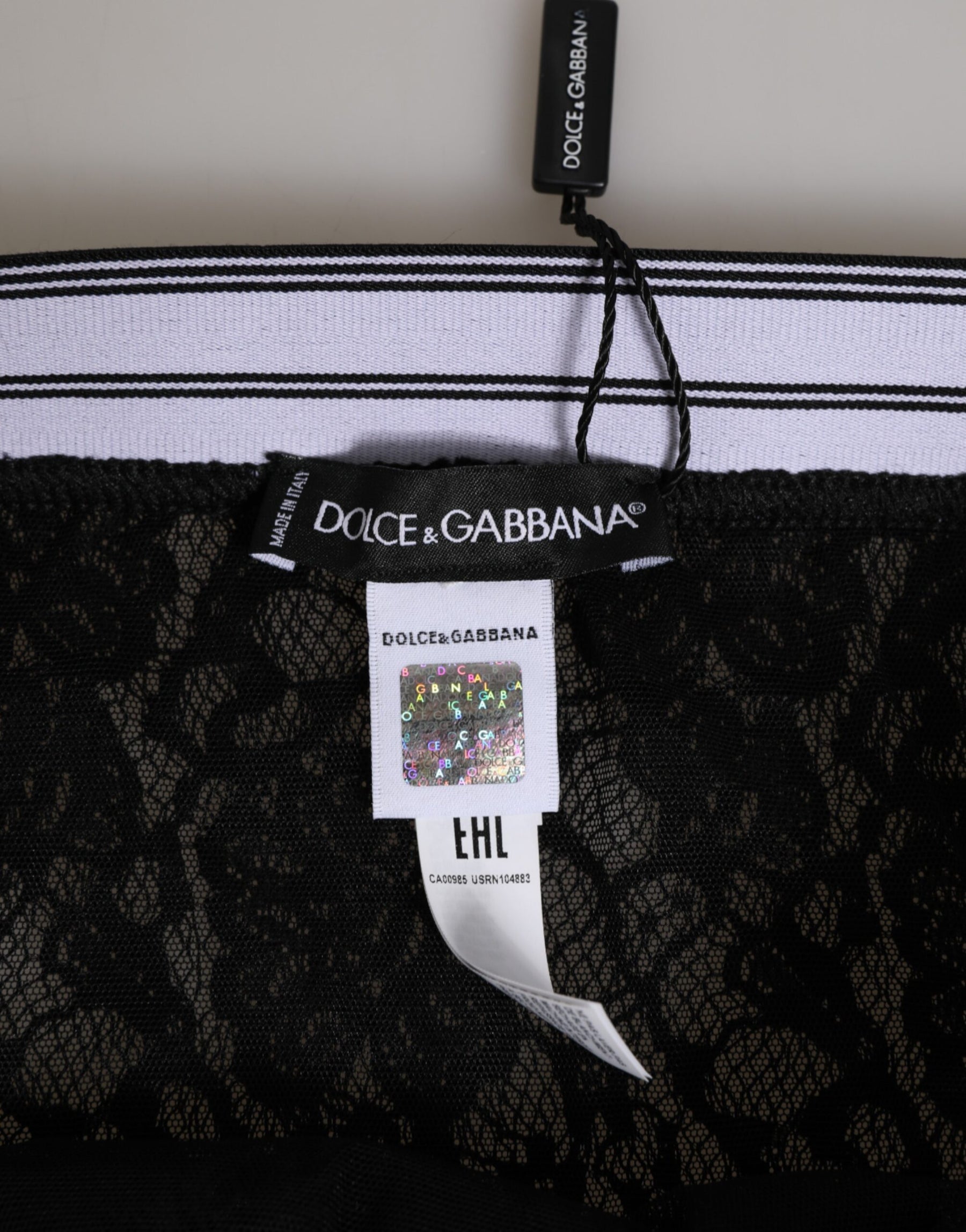 Dolce & Gabbana Schwarzer Spitzen-Slip-Slip mit Logo-Bund Unterwäsche