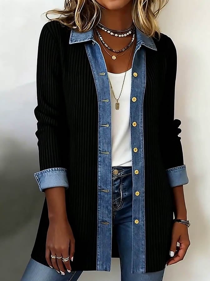 Winter Patchwork Longline Damenjacke Schwarz Denim-Chic