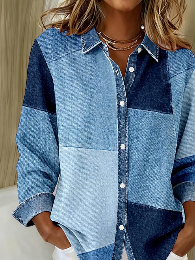 Winter Damen Patchwork Denim Shirt Loose Fit Casual Hemd