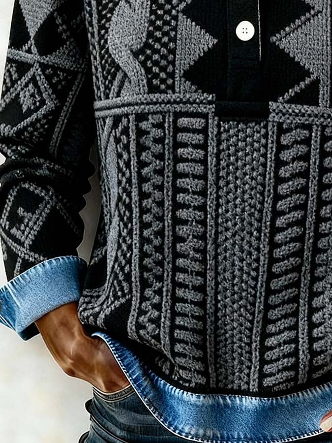 Damen Winter Pullover Ethno Patchwork mit Jeanskragen Warm