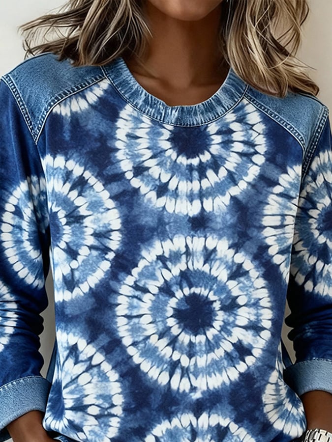 Kuscheliger Winter Pullover blau Tie Dye Denim Look Damen