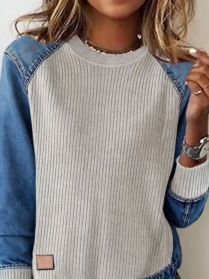 Winter Damen Sweatshirt Denim Patchwork warm & casual