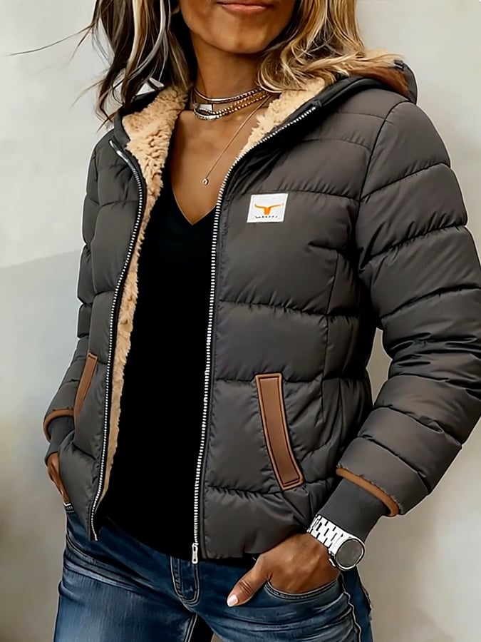 Damen Winter Steppjacke mit Teddyfutter Kapuze Grau Casual