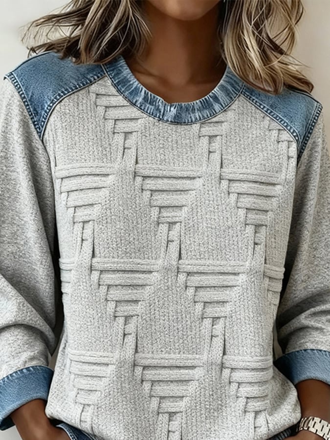 Winter Sweatshirt Damen grau mit Denim-Patchwork, warm