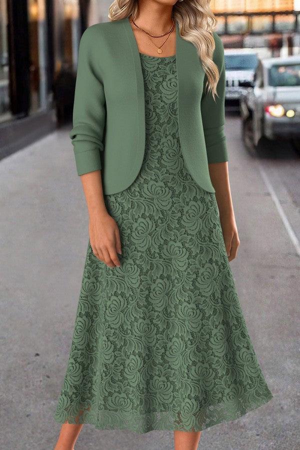 Fresh Green Midi-Kleid mit Jacke - Elegantes Herbstsensemble für jeden Anlass