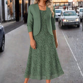 Fresh Green Midi-Kleid mit Jacke - Elegantes Herbstsensemble für jeden Anlass