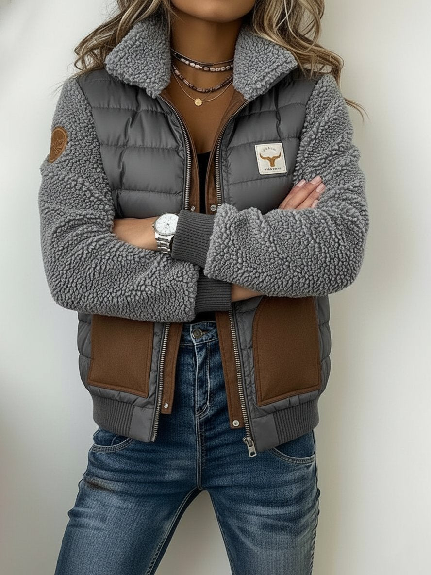 Damen Winter Steppjacke mit Teddyfleeceärmeln Grau Braun
