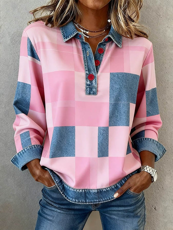 Damen Winter Karo Bluse rosa mit Jeanskragen – warm & casual