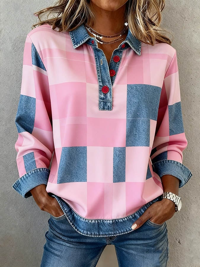 Damen Winter Karo Bluse rosa mit Jeanskragen – warm & casual