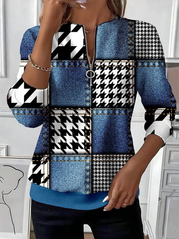 Damen Winter Sweatshirt Hahnentritt Colorblock Kuschelpullover