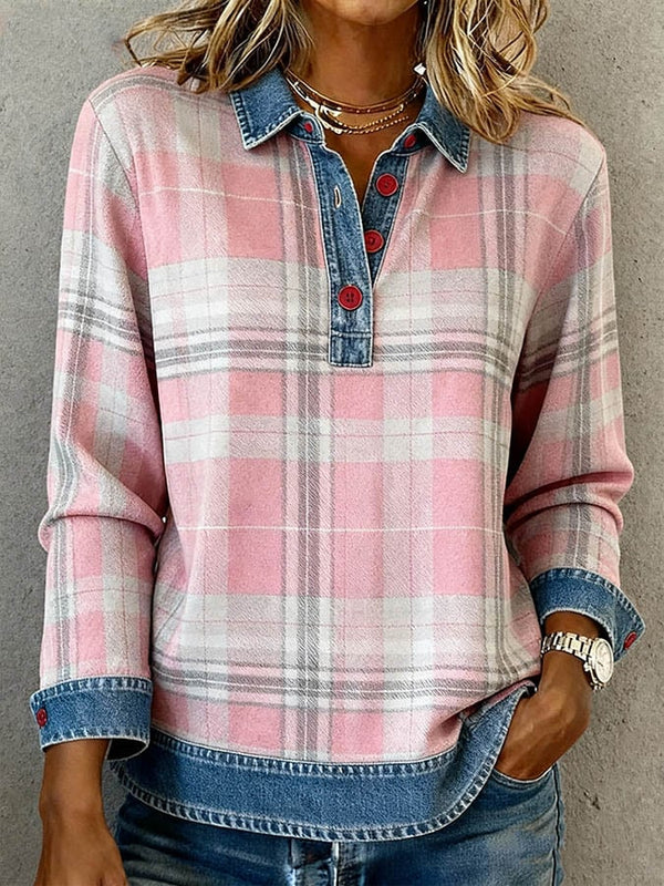 Winter Damen Karoshirt rosa mit Denim-Kragen, warm & casual