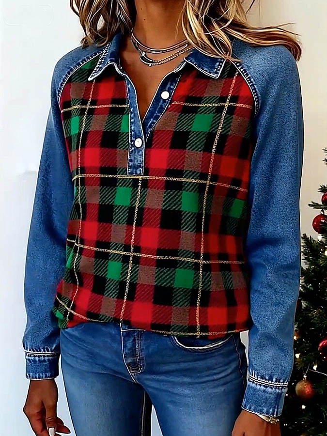 Winter Damen Karoshirt rot-grün mit Denim – Weihnachtslook