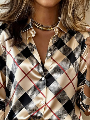 Elegantes kariertes Satinhemd Damen – Winter Business Chic