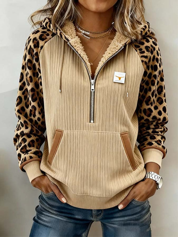 Damen Teddy Hoodie Winter Leo Sweatshirt beige warm