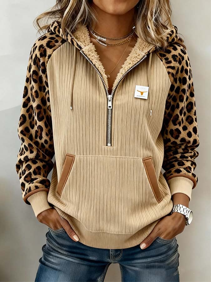 Damen Teddy Hoodie Winter Leo Sweatshirt beige warm