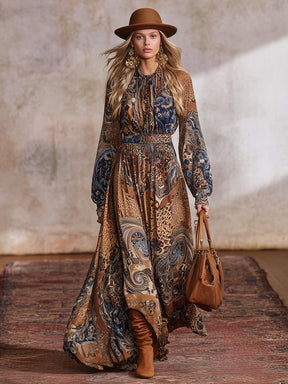 Winter-Boho-Chic: Maxi-Kleid mit Brauner Bohemian-Print für kalte Tage