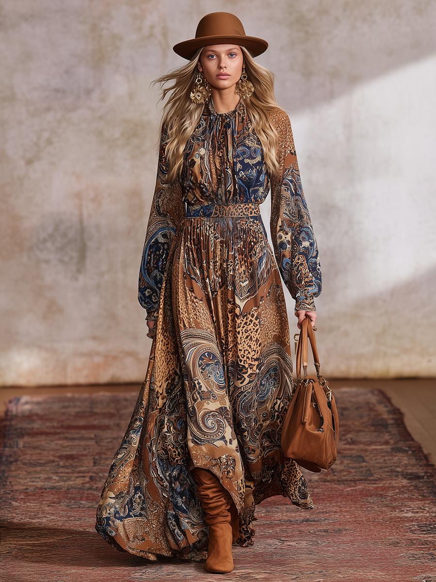 Winter-Boho-Chic: Maxi-Kleid mit Brauner Bohemian-Print für kalte Tage