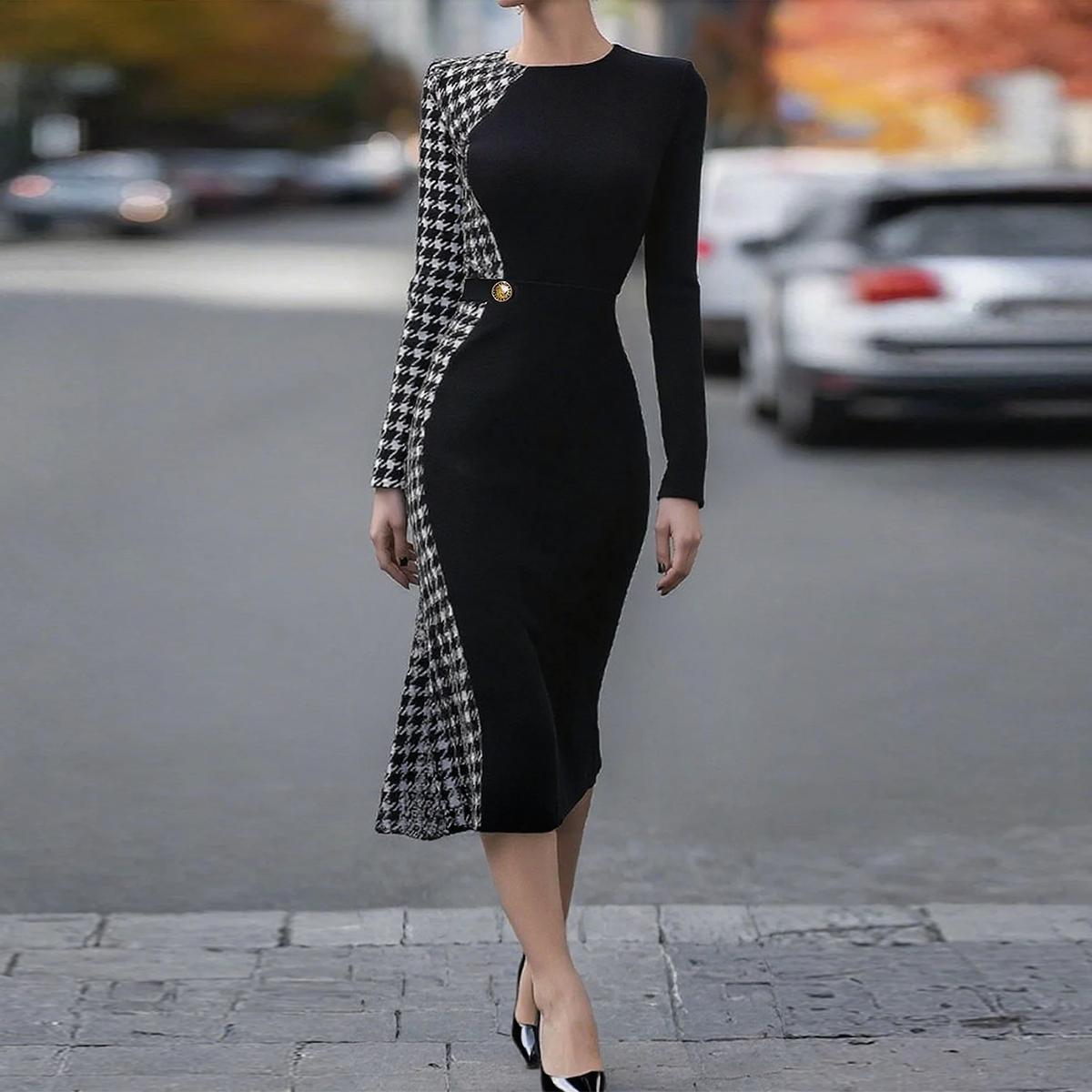 Trendiges Midi-Kleid mit Houndstooth-Print - Herbsts-Eleganz & Vintage-Chic