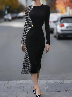 Trendiges Midi-Kleid mit Houndstooth-Print - Herbsts-Eleganz & Vintage-Chic