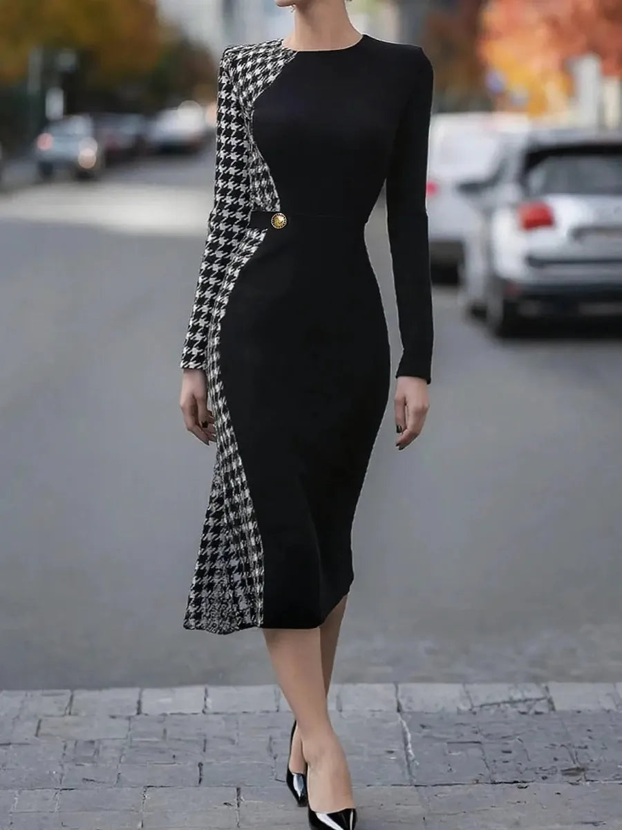 Trendiges Midi-Kleid mit Houndstooth-Print - Herbsts-Eleganz & Vintage-Chic