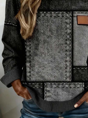 Winter Sweatshirt Damen Patchwork Grau Oversize Cozy Warm