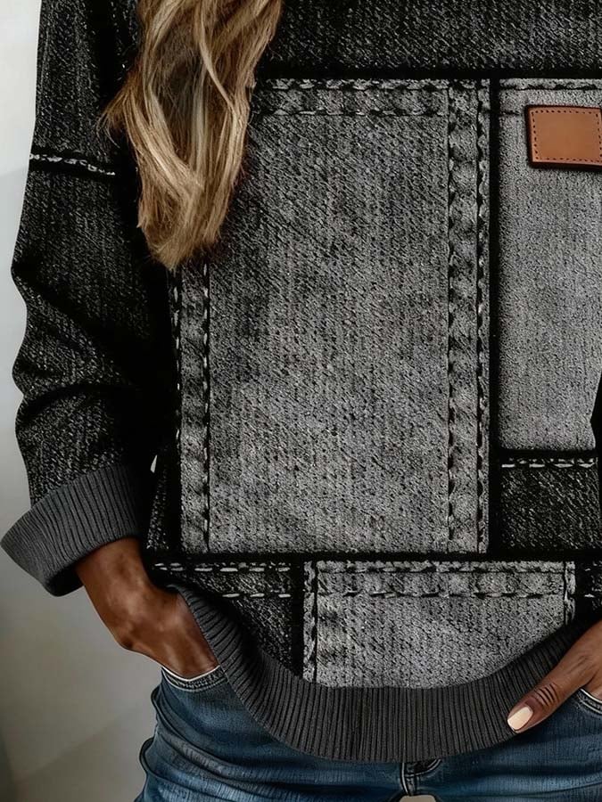 Winter Sweatshirt Damen Patchwork Grau Oversize Cozy Warm