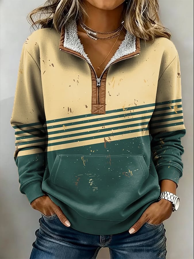 Kuscheliges Teddy-Sweatshirt Half-Zip Beige Grün Winter Warm